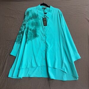Denise Karaman Teal Green Button Down Shirt Hi-Low Hem‎ Tie Dye Blouse